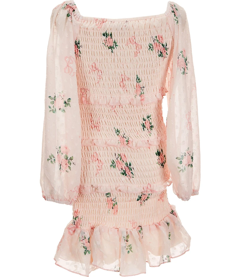 Ava & Yelly Big Girls Floral Print Long Sleeves Smock Clip Dot Ruffle Hem Dress