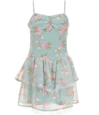 Ava & Yelly Big Girls Spaghetti Strap Sweetheart Neckline Floral Print Tiered Lace Detail Dress