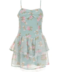 Ava & Yelly Big Girls Spaghetti Strap Sweetheart Neckline Floral Print Tiered Lace Detail Dress