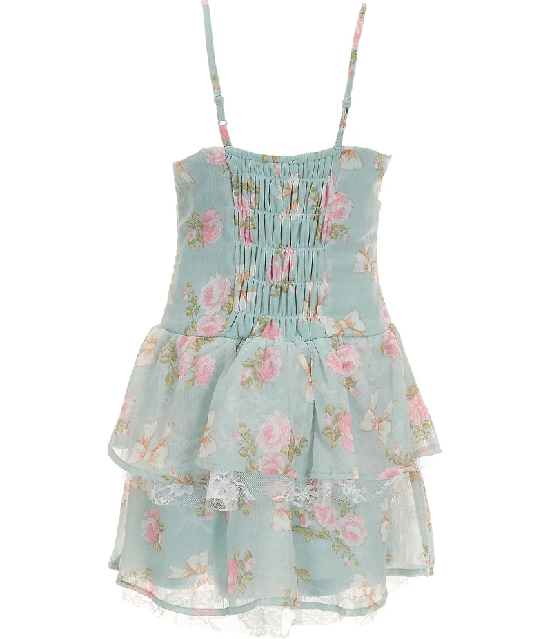 Ava & Yelly Big Girls Spaghetti Strap Sweetheart Neckline Floral Print Tiered Lace Detail Dress