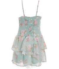 Ava & Yelly Big Girls Spaghetti Strap Sweetheart Neckline Floral Print Tiered Lace Detail Dress