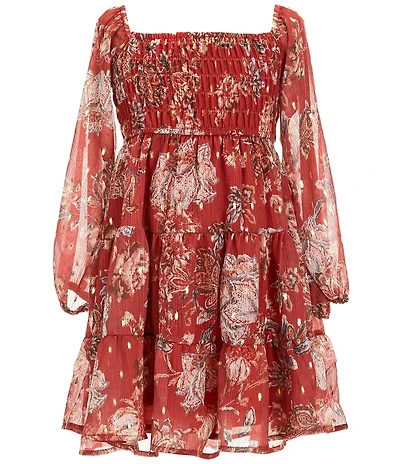 Ava & Yelly Big Girls Long Sleeve Floral/Foiled-Dot Smocked Babydoll Dress