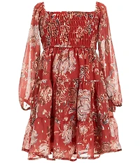 Ava & Yelly Big Girls Long Sleeve Floral/Foiled-Dot Smocked Babydoll Dress