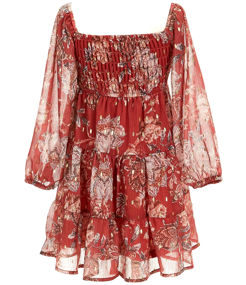 Ava & Yelly Big Girls Long Sleeve Floral/Foiled-Dot Smocked Babydoll Dress