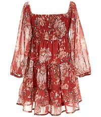 Ava & Yelly Big Girls Long Sleeve Floral/Foiled-Dot Smocked Babydoll Dress