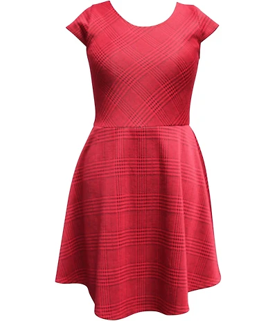 Ava & Yelly Big Girls Plaid Double Knit Cap Sleeve Lace-Up Back Fit-and-Flare Dress
