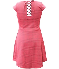 Ava & Yelly Big Girls Plaid Double Knit Cap Sleeve Lace-Up Back Fit-and-Flare Dress