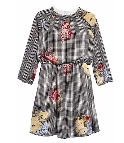Ava & Yelly Big Girls Plaid Floral Print Mock Neck Long Sleeve Fit-and-Flare Dress