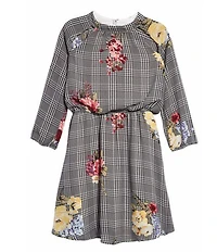 Ava & Yelly Big Girls Plaid Floral Print Mock Neck Long Sleeve Fit-and-Flare Dress