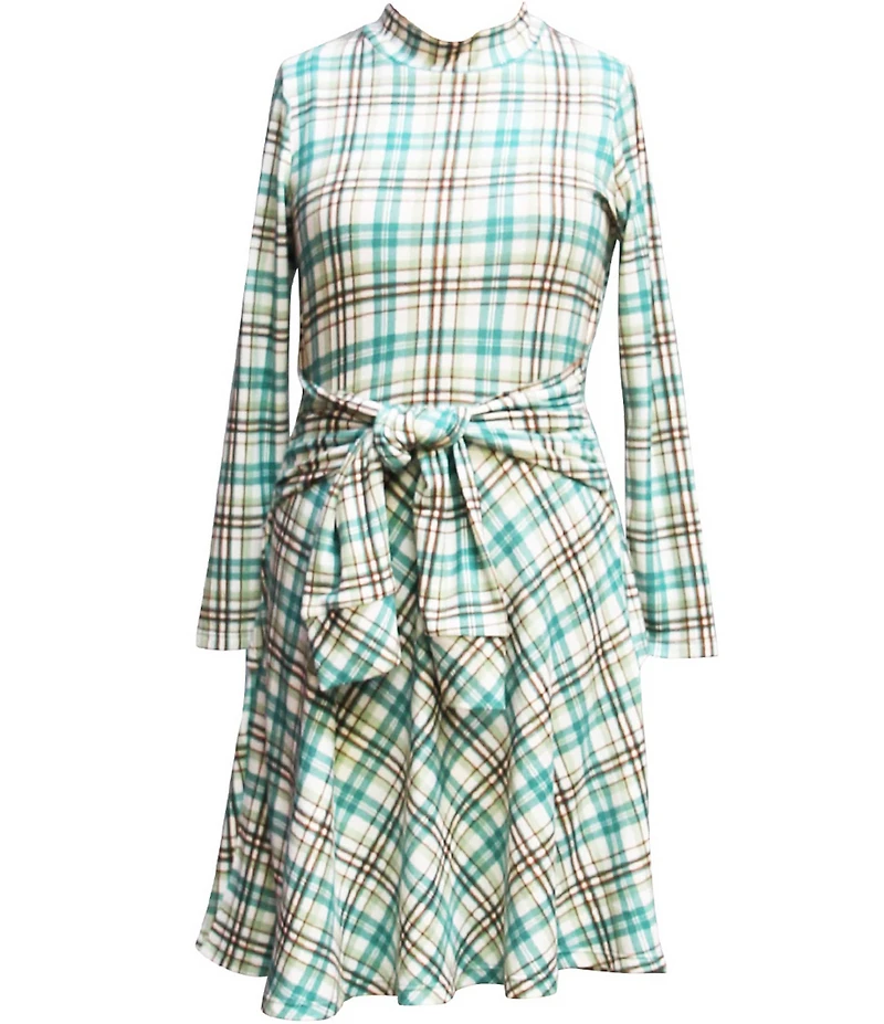 Ava & Yelly Big Girls Plaid Mock Neck Long Sleeve Tie Front Dress