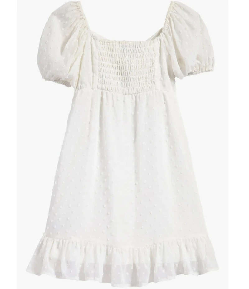 Ava & Yelly Clip Dot Twist Front Puff Sleeve Ruffle Hem Dress