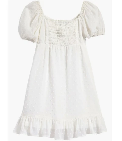 Ava & Yelly Clip Dot Twist Front Puff Sleeve Ruffle Hem Dress