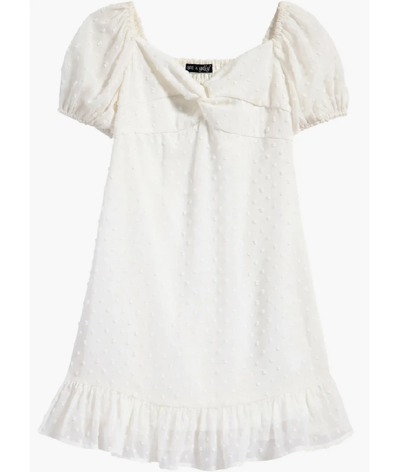 Ava & Yelly Clip Dot Twist Front Puff Sleeve Ruffle Hem Dress
