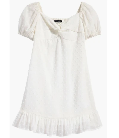 Ava & Yelly Clip Dot Twist Front Puff Sleeve Ruffle Hem Dress