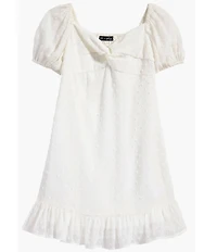 Ava & Yelly Clip Dot Twist Front Puff Sleeve Ruffle Hem Dress