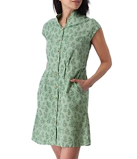 Aventura Abloom Printed Organic Cotton Poplin Woven Stand Collar Cap Sleeve Button Front Shirtdress
