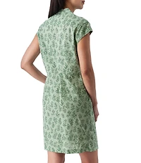 Aventura Abloom Printed Organic Cotton Poplin Woven Stand Collar Cap Sleeve Button Front Shirtdress