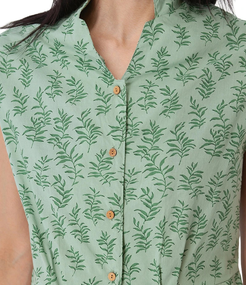 Aventura Abloom Printed Organic Cotton Poplin Woven Stand Collar Cap Sleeve Button Front Shirtdress