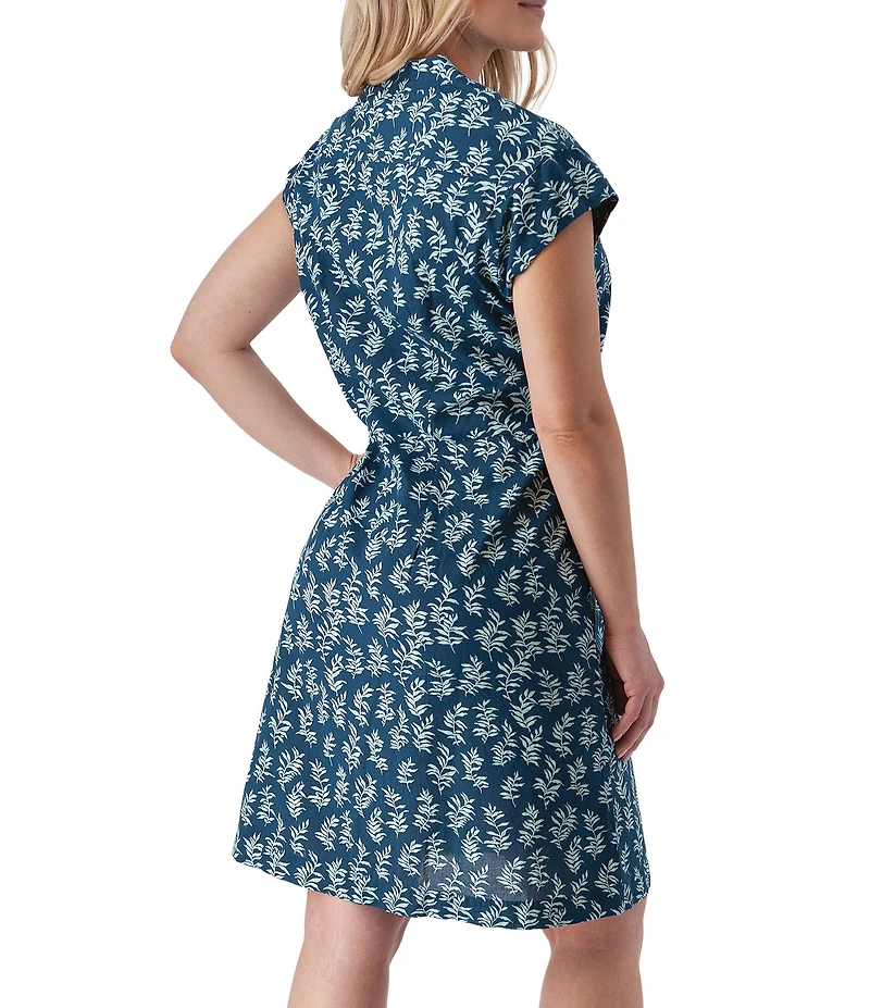 Aventura Abloom Printed Organic Cotton Poplin Woven Stand Collar Cap Sleeve Button Front Shirtdress