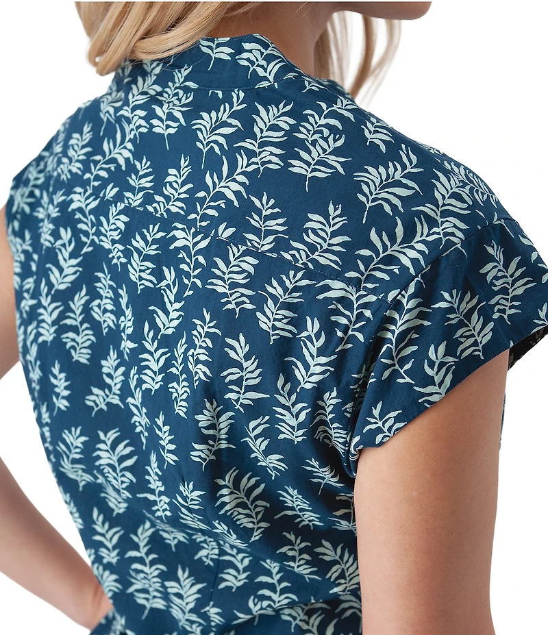 Aventura Abloom Printed Organic Cotton Poplin Woven Stand Collar Cap Sleeve Button Front Shirtdress