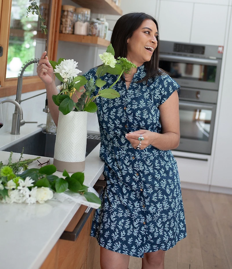 Aventura Abloom Printed Organic Cotton Poplin Woven Stand Collar Cap Sleeve Button Front Shirtdress