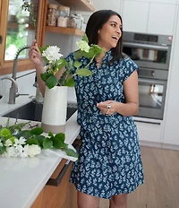 Aventura Abloom Printed Organic Cotton Poplin Woven Stand Collar Cap Sleeve Button Front Shirtdress