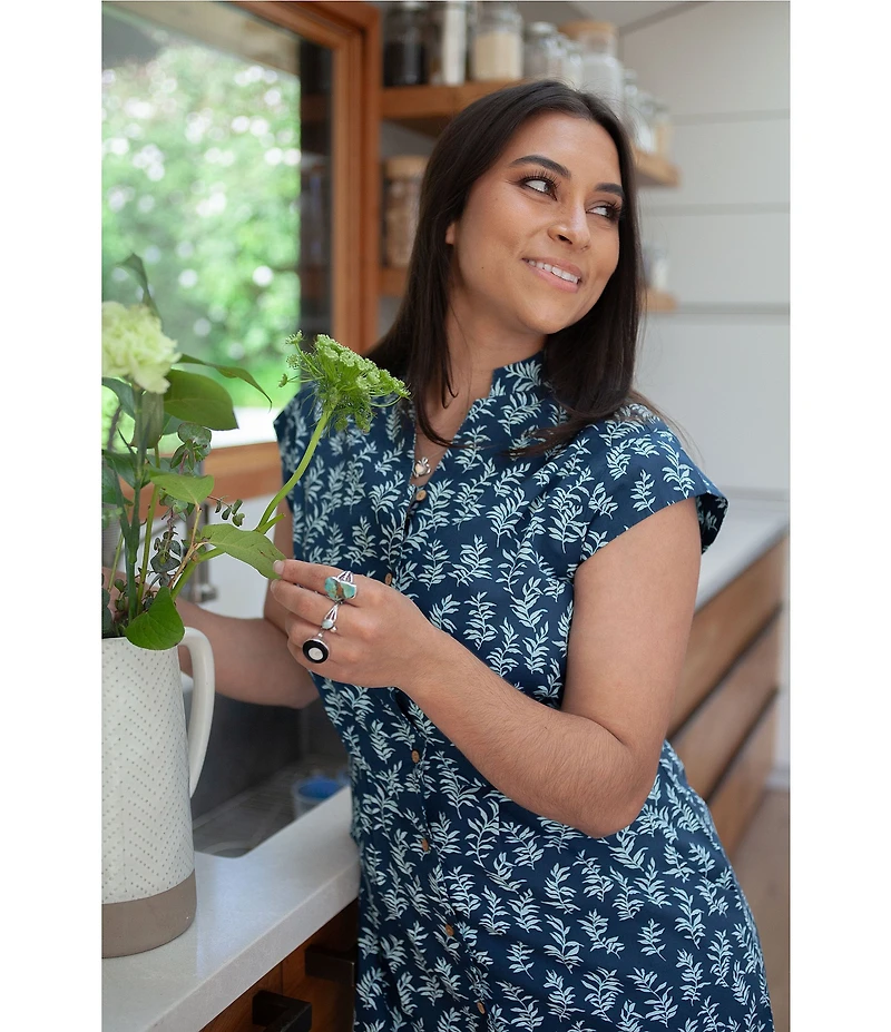 Aventura Abloom Printed Organic Cotton Poplin Woven Stand Collar Cap Sleeve Button Front Shirtdress