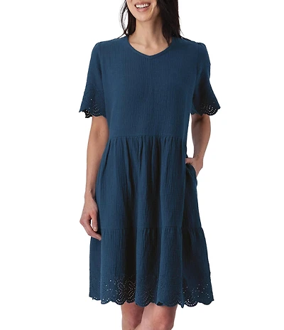 Aventura Airy Organic Cotton Gauze Woven Crew Neck Short Sleeves Embroidered Schiffli A-Line Dress