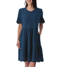 Aventura Airy Organic Cotton Gauze Woven Crew Neck Short Sleeves Embroidered Schiffli A-Line Dress