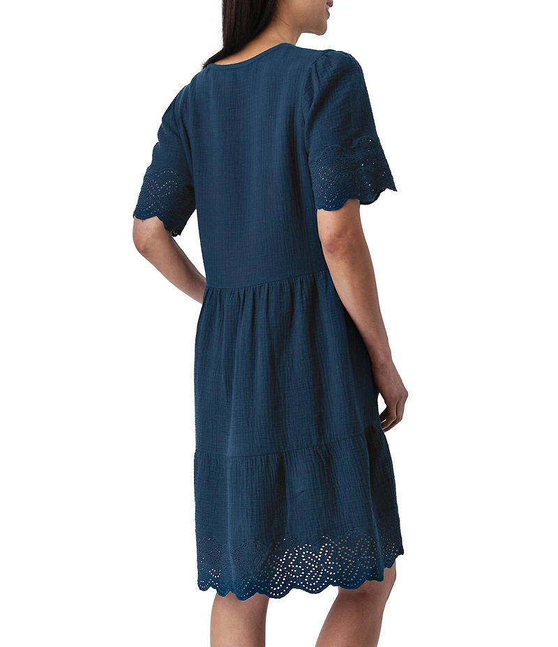 Aventura Airy Organic Cotton Gauze Woven Crew Neck Short Sleeves Embroidered Schiffli A-Line Dress