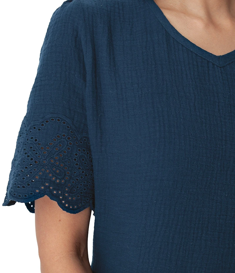 Aventura Airy Organic Cotton Gauze Woven Crew Neck Short Sleeves Embroidered Schiffli A-Line Dress