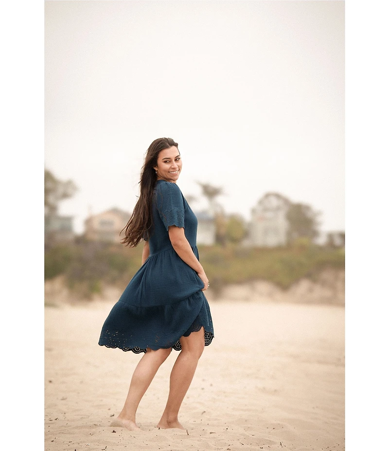 Aventura Airy Organic Cotton Gauze Woven Crew Neck Short Sleeves Embroidered Schiffli A-Line Dress