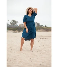 Aventura Airy Organic Cotton Gauze Woven Crew Neck Short Sleeves Embroidered Schiffli A-Line Dress