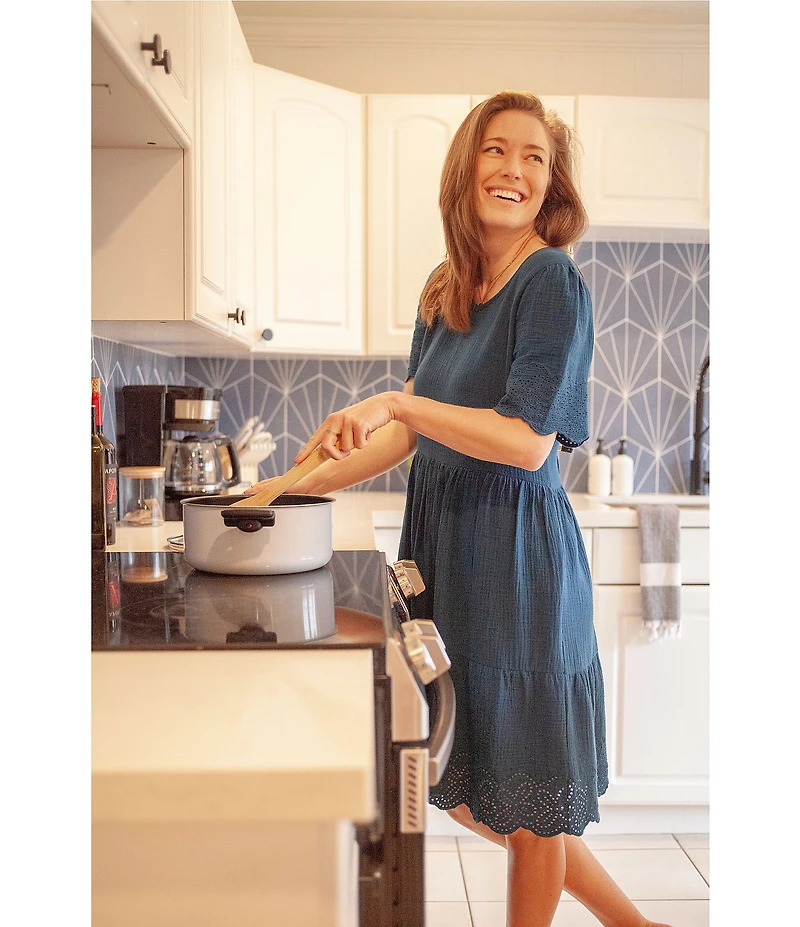 Aventura Airy Organic Cotton Gauze Woven Crew Neck Short Sleeves Embroidered Schiffli A-Line Dress