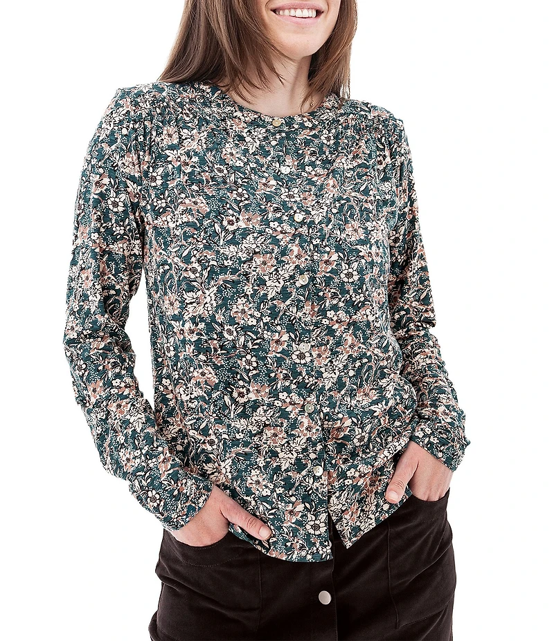 Aventura Amaryllis Floral Print Crew Neck Long Sleeve Smocked Knit Button Front Top