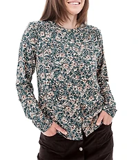 Aventura Amaryllis Floral Print Crew Neck Long Sleeve Smocked Knit Button Front Top