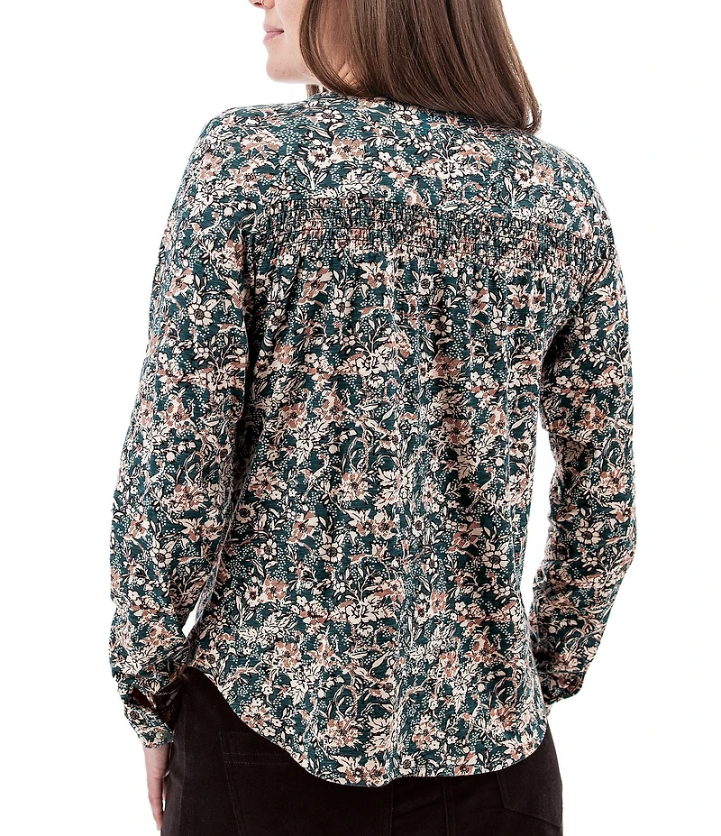 Aventura Amaryllis Floral Print Crew Neck Long Sleeve Smocked Knit Button Front Top