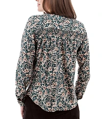 Aventura Amaryllis Floral Print Crew Neck Long Sleeve Smocked Knit Button Front Top