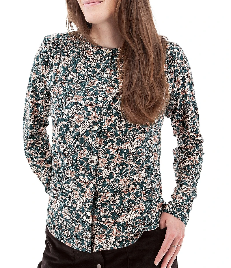 Aventura Amaryllis Floral Print Crew Neck Long Sleeve Smocked Knit Button Front Top