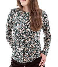 Aventura Amaryllis Floral Print Crew Neck Long Sleeve Smocked Knit Button Front Top