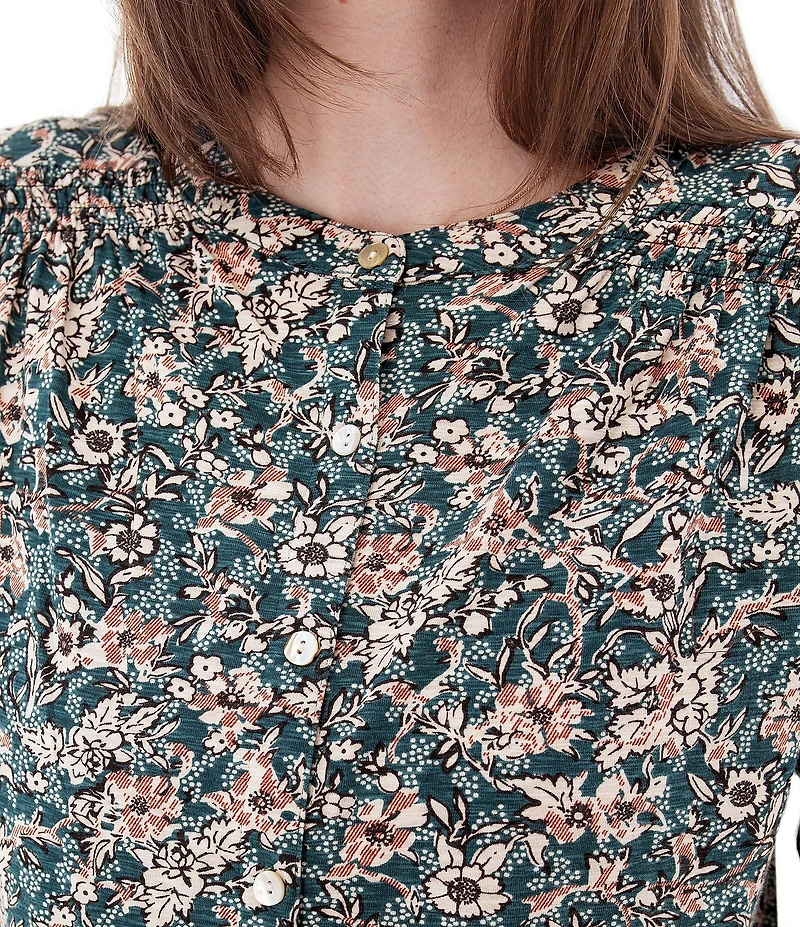 Aventura Amaryllis Floral Print Crew Neck Long Sleeve Smocked Knit Button Front Top