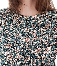 Aventura Amaryllis Floral Print Crew Neck Long Sleeve Smocked Knit Button Front Top