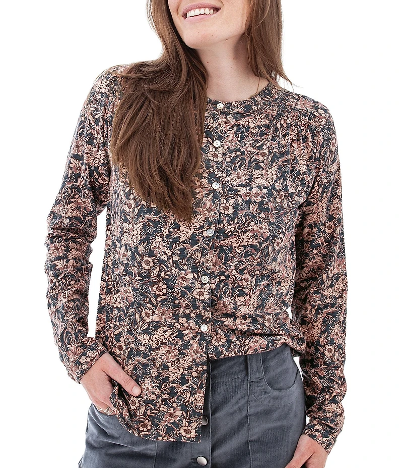 Aventura Amaryllis Floral Print Crew Neck Long Sleeve Smocked Knit Button Front Top