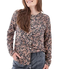 Aventura Amaryllis Floral Print Crew Neck Long Sleeve Smocked Knit Button Front Top