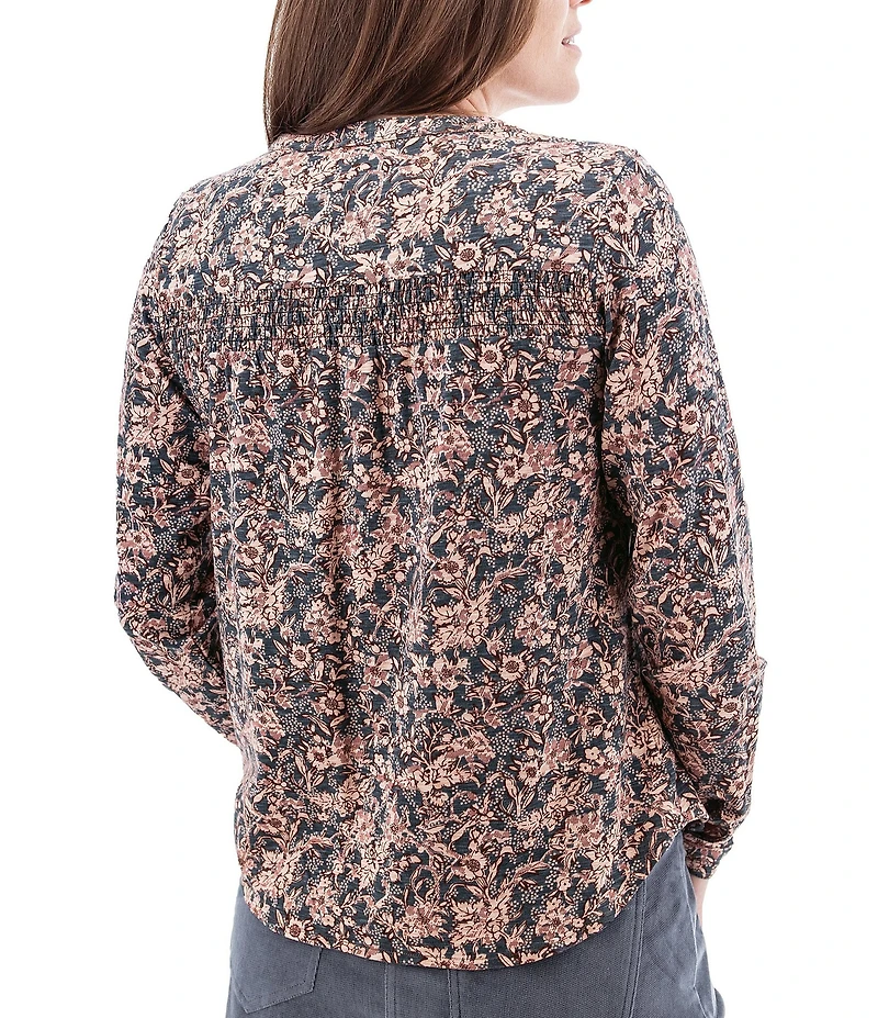 Aventura Amaryllis Floral Print Crew Neck Long Sleeve Smocked Knit Button Front Top