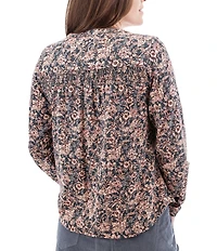 Aventura Amaryllis Floral Print Crew Neck Long Sleeve Smocked Knit Button Front Top