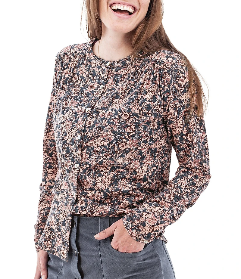 Aventura Amaryllis Floral Print Crew Neck Long Sleeve Smocked Knit Button Front Top