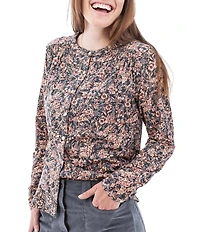Aventura Amaryllis Floral Print Crew Neck Long Sleeve Smocked Knit Button Front Top