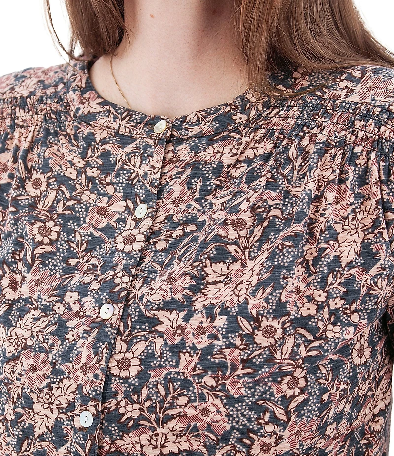 Aventura Amaryllis Floral Print Crew Neck Long Sleeve Smocked Knit Button Front Top