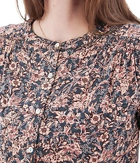 Aventura Amaryllis Floral Print Crew Neck Long Sleeve Smocked Knit Button Front Top